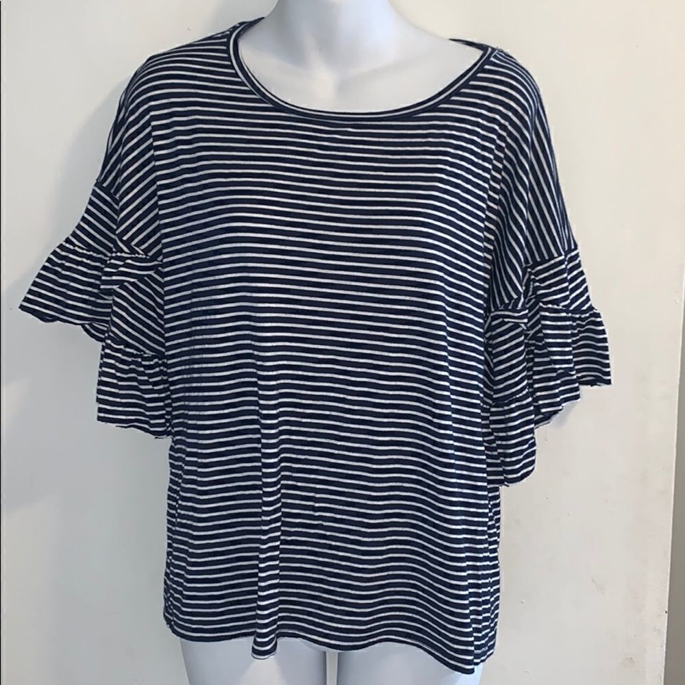ALYA Navy and White Stripe Ruffle Sleeve Top-M